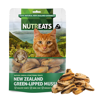 NUTREATS NEW ZEALAND GREEN LIPPED MUSSELS นูทรีทส์ หอยแมลงภู่เขียว ขนมแมวพรีเมี่ยมเพื่อสุขภาพ (50g)